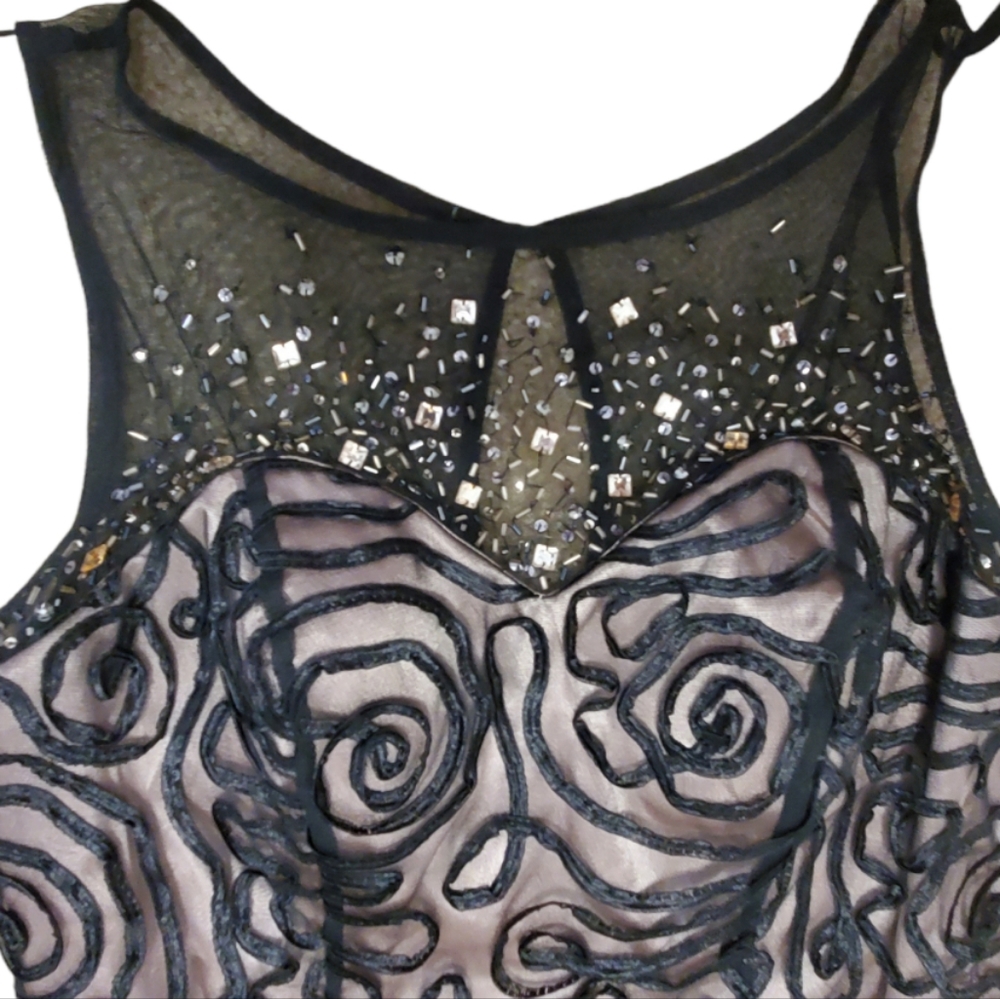 Ignite Evening Black and Tan Lined Dress With Beaded Illusion Neckline Size 10 - Picture 6 of 15